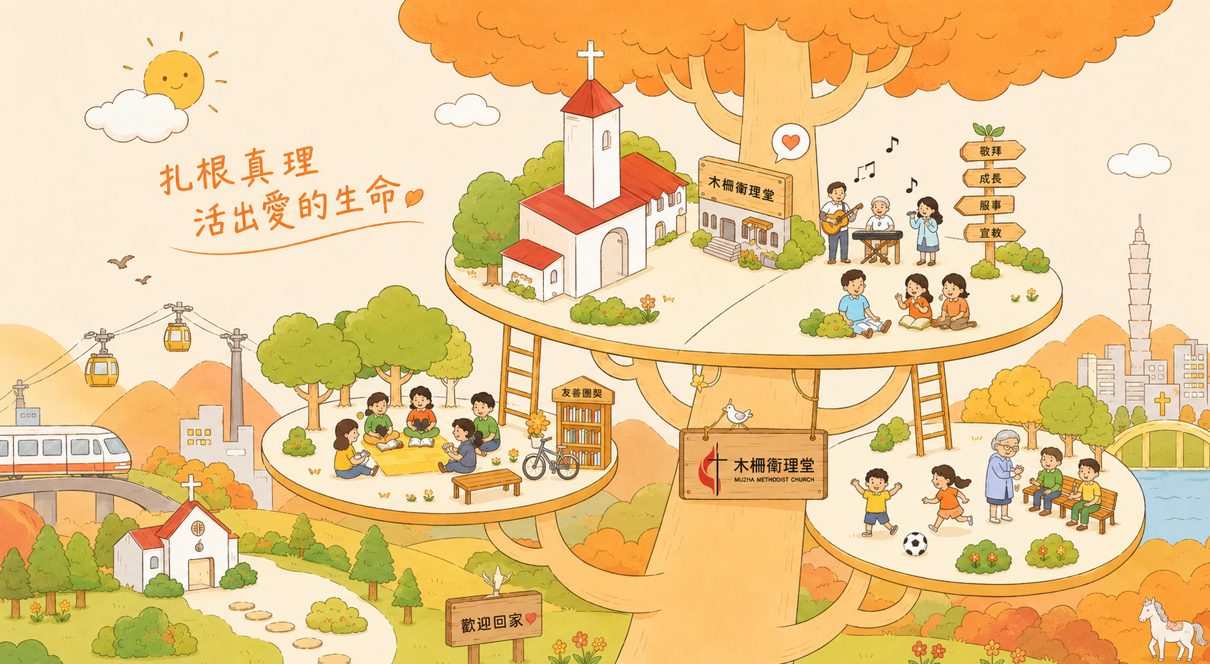 木柵衛理堂插畫，呈現敬拜、團契與社區服事